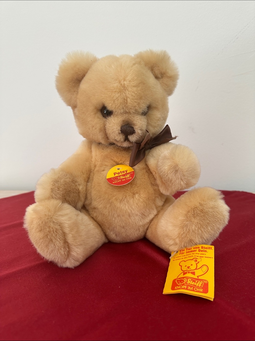 Steiff Plush Teddy Bear in Light Brown with Bow